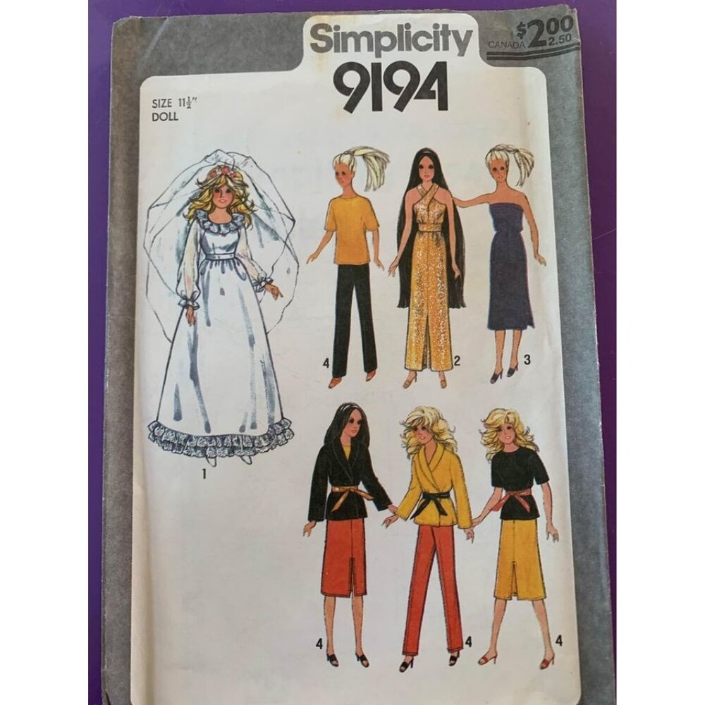 Vintage Simplicity 9194 1979 Sewing Pattern Size 11 1/2" Doll Clothes